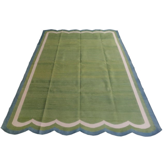 Contemporary Handmade Cotton Scalloped Rug, Moss Green with Cream and Blue Border 6'x9' For Sale - Image 3 of 6