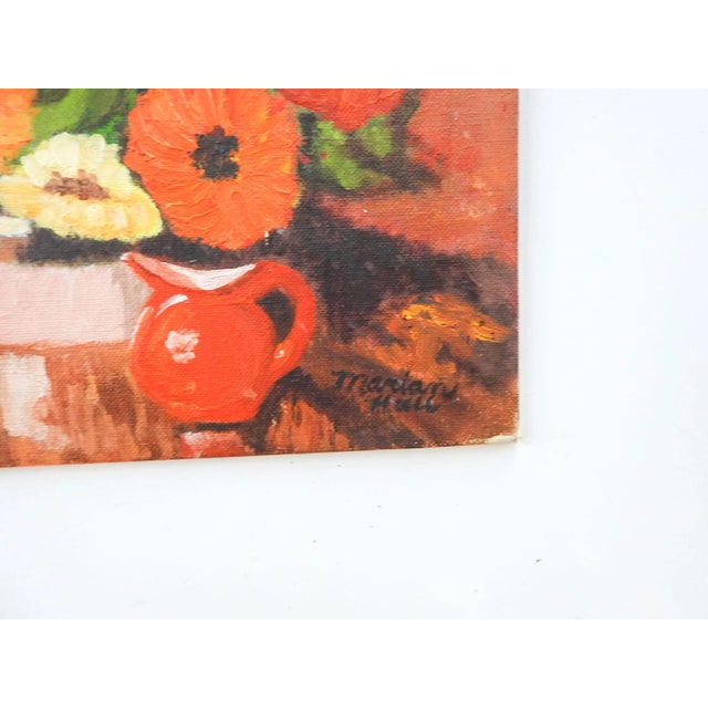 1965 mid century oil on canvas board still life painting with orange and yellow flowers in a pink vase. Signed Marion Hull...