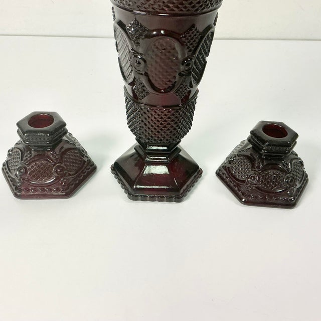 Ruby Red 1970s Vintage Art Deco Depression Diamond Point Glass Centerpiece Candle Holders and Vase - Set of 3 For Sale - Image 8 of 12