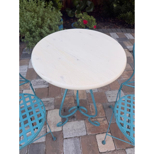 Vintage Turquoise Iron Garden Bistro Set With Floral Mosaic Folding Chairs For Sale - Image 10 of 12