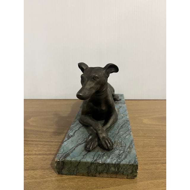 Art Deco Vintage Bronze Sculpture of a Lying Greyhound Dog on a Marble Base For Sale - Image 3 of 8