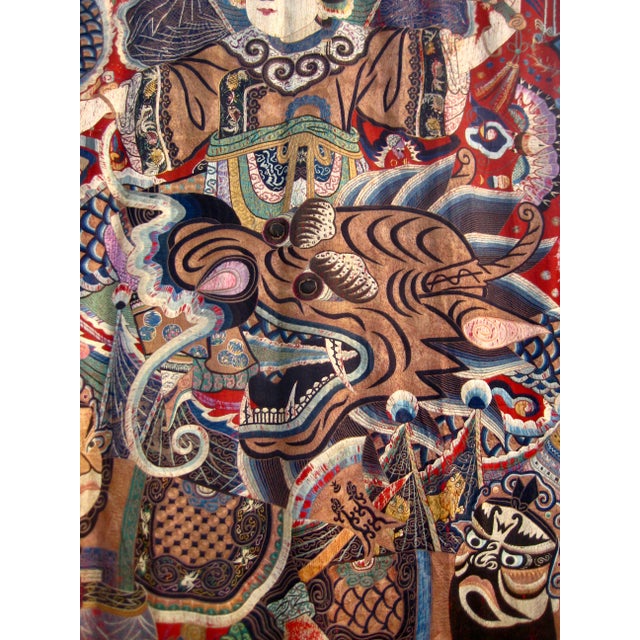19th Century Chinese Large Silk Embroidered Opera Curtain Tapestry 19 Century For Sale - Image 5 of 18
