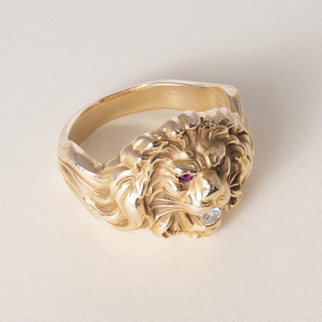 Art Nouveau Vintage 14k Gold Roaring Lion Head Diamond Statement Ring, Size 9.75 For Sale - Image 3 of 7