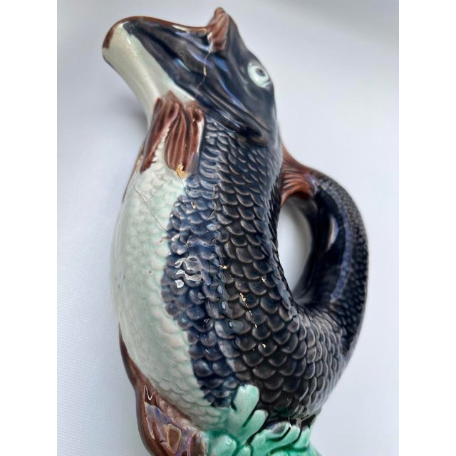 Ink Blue Antique Majolica Fish Gurgle Jug Pitcher For Sale - Image 8 of 9
