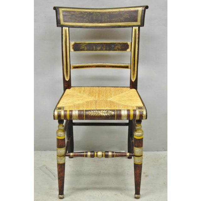 Antique American Colonial Red Hand Painted Harvest Stencil Hitchcock Style Rush Seat Side Chair. Circa Mid 19th Century....