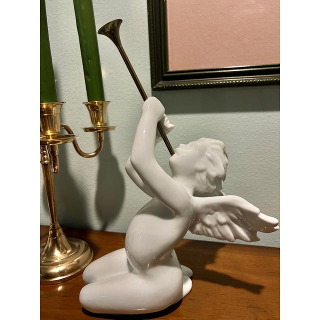 Vintage Department 56 “Winter Silhouettes” White Porcelain Angels With Brass Trumpets - A Pair For Sale In New Orleans - Image 6 of 9