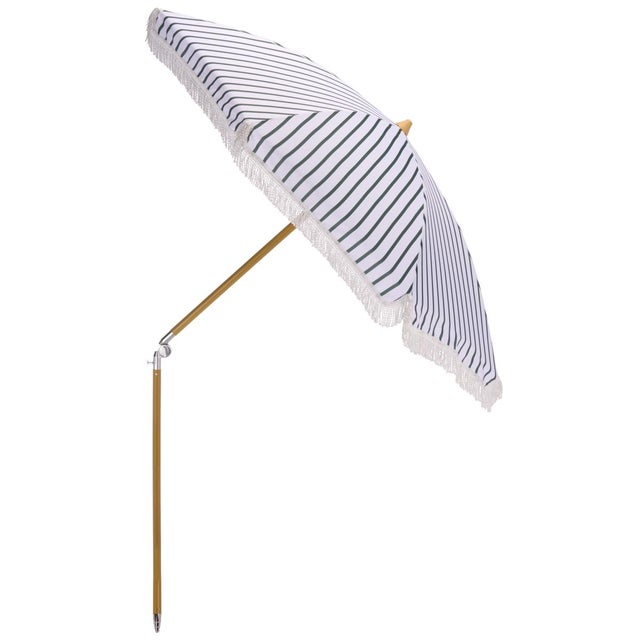 Metal Bella 6.5 Ft Beach Fringed Umbrella, Green Bistro Stripe For Sale - Image 7 of 8