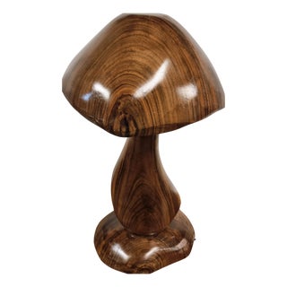 Hand-Carved Wooden Mushroom Table Lamp with Integrated Led For Sale