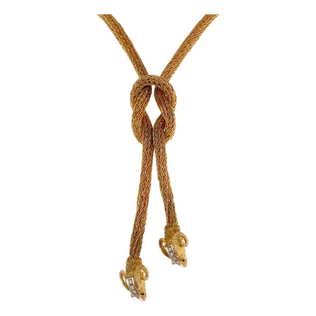 Estate Diamond Ruby 18k Gold 2 Ram Head Pendant Weave Necklace 132g For Sale