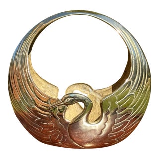 Elegant Mid 20th century Brass Basket With Retro Art Deco Style Crane Design For Sale