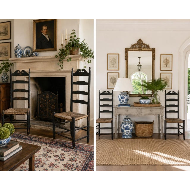 An exceptional pair of late 18th century American ladder back chairs, crafted in maple with their original black painted...
