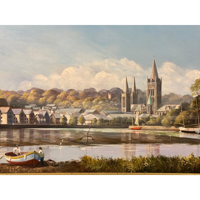 Late 20th Century Painting of Figures & Boats on Truro Harbour with Cathedral by British Artist 1985 Circa For Sale - Image 5 of 18