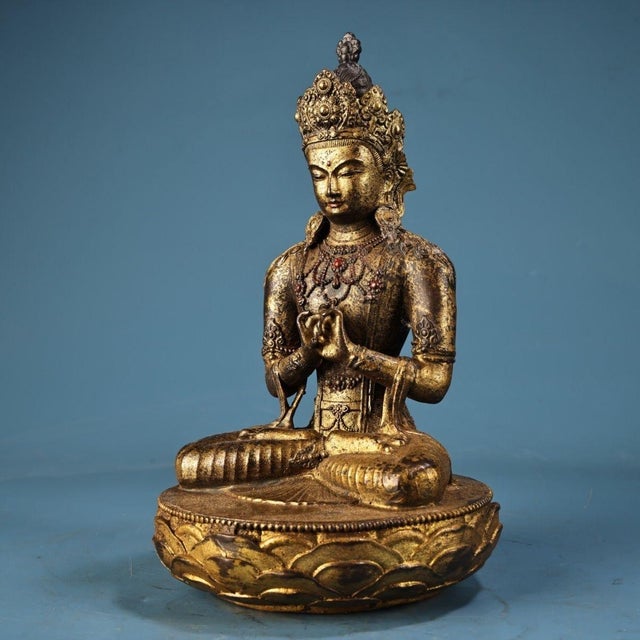 Art Deco Gilt Bronze Seated Maitreya Buddha Statue For Sale - Image 3 of 9