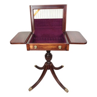 1940s Restored Mersman Mahogany Drop-Leaf Silverware Chest Table With Tooled Leather Top For Sale