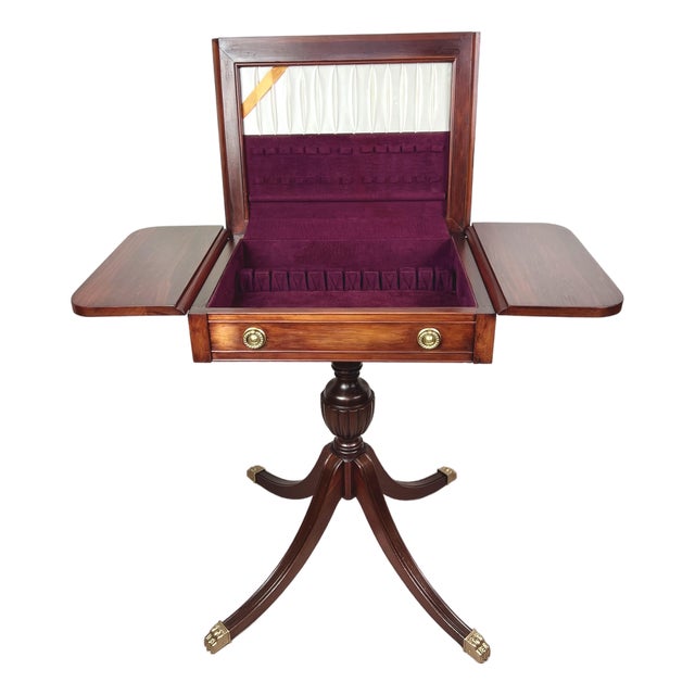 1940s Restored Mersman Mahogany Drop-Leaf Silverware Chest Table With Tooled Leather Top For Sale