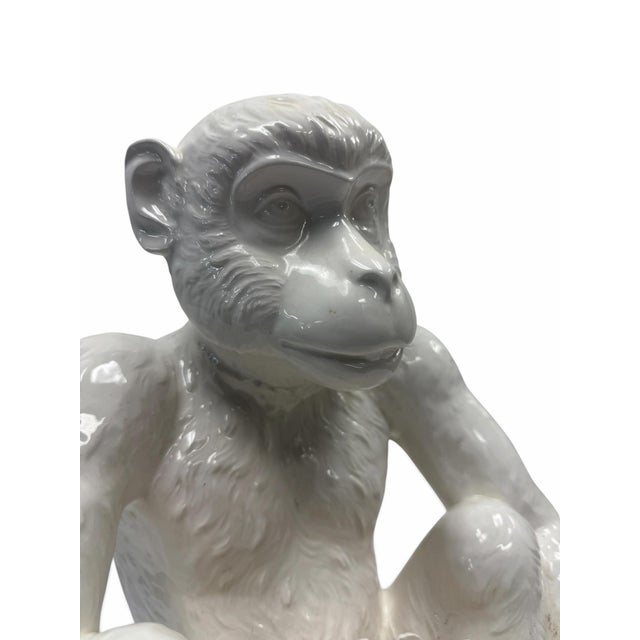Vintage Hollywood Regency White Glazed Ceramic Monkey and Banana Cachepot Planter For Sale In West Palm - Image 6 of 7
