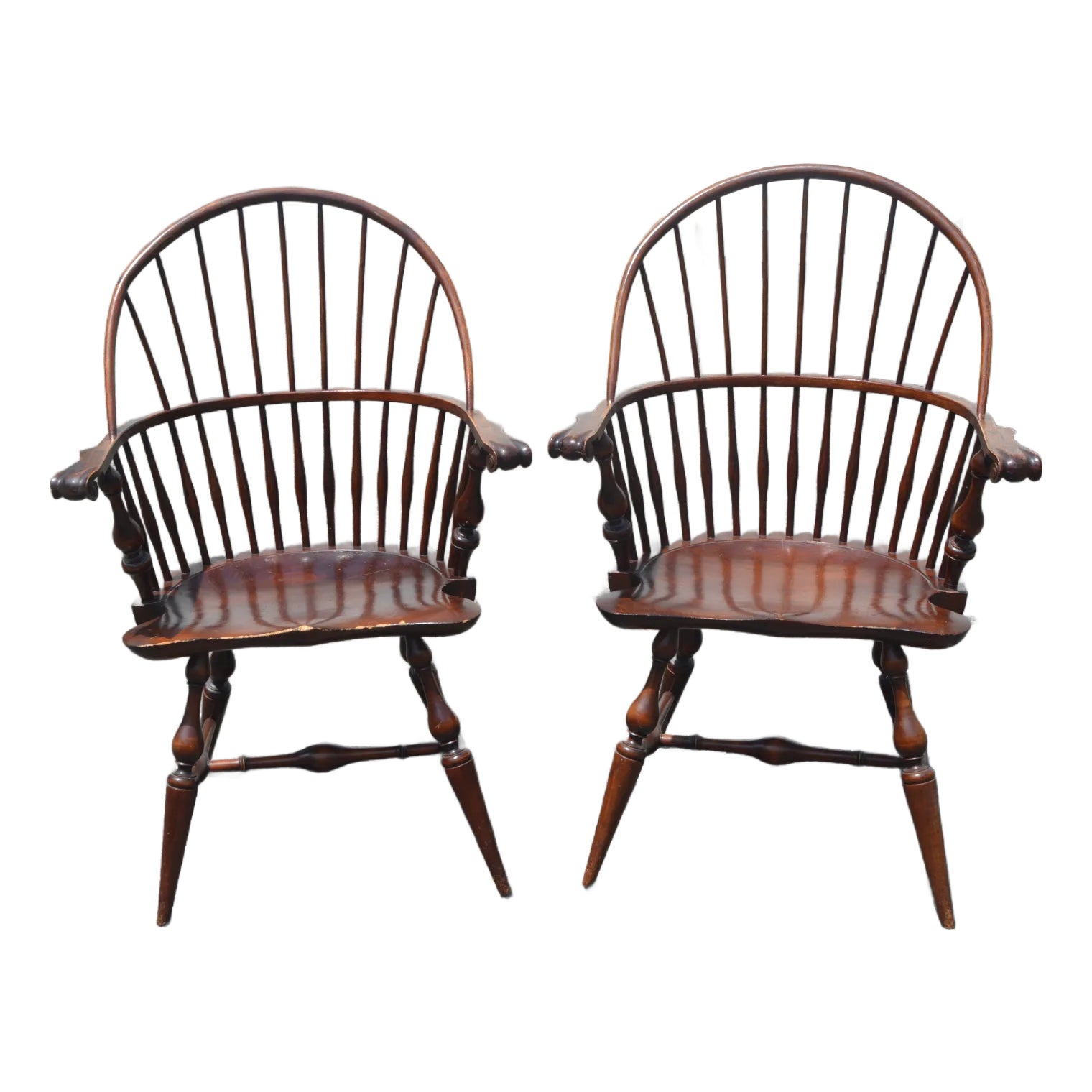 1920s Pair Wallace Nutting #420 Dark Wood Bow High Back Windsor