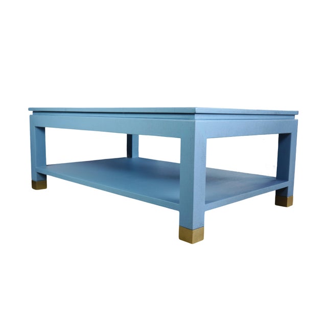 Karl Springer Style Modern Light Blue Linen-Raffia Coffee Table. With Four Brass Sabot For Sale - Image 10 of 10