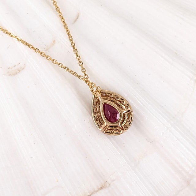 Ruby Pendant W Earth Mined Diamonds in Solid 14k Yellow Gold Pear 7x5mm For Sale In Columbus - Image 6 of 6