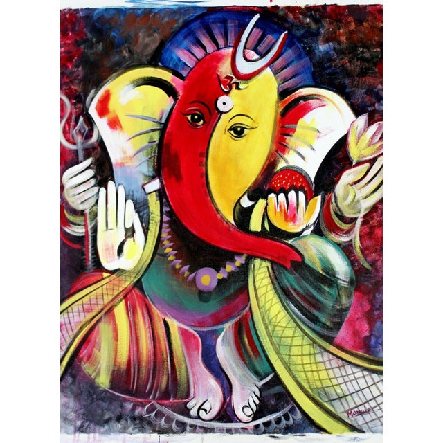Contemporary Modern Unframed Oil on Canvas Painting Lord Ganesha Signed  Mamata | Chairish