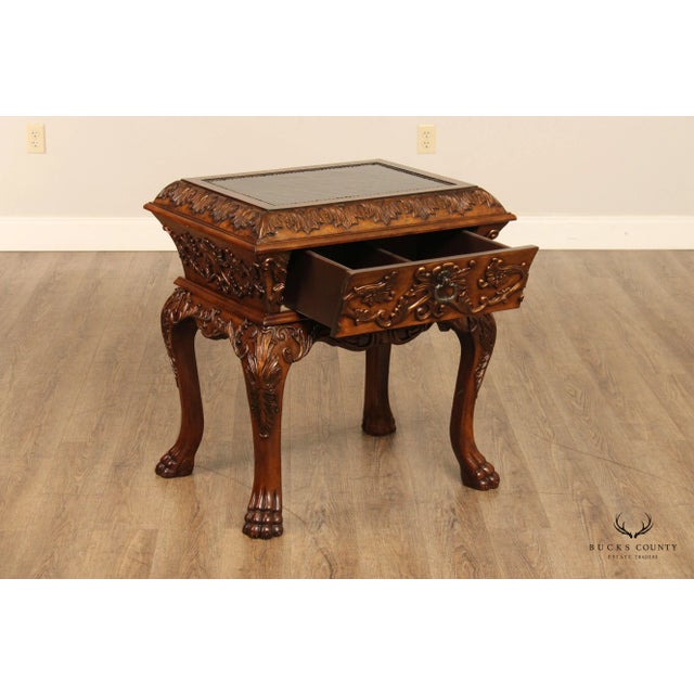 High Quality European Style Ornate Foliate Carved Side Table with Single Drawer, Crackle Painted Top, and Paw Feet