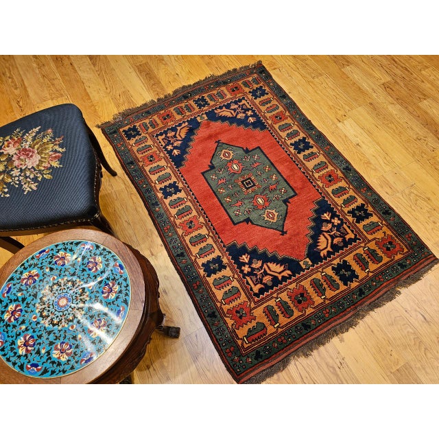 Vintage Kurdish Tribal Area Rug, Handwoven Wool, Red Medallion Design, 4' x 5' For Sale - Image 10 of 18