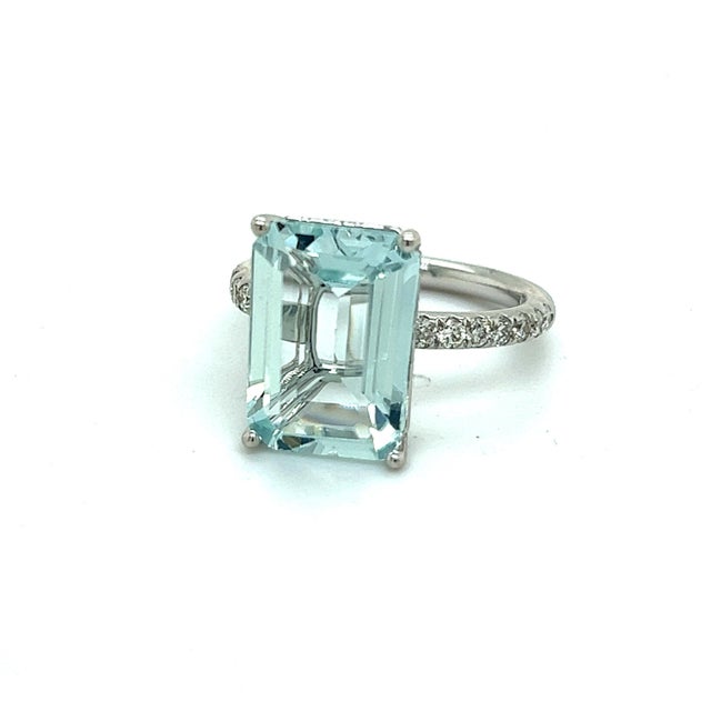 Metal Natural Aquamarine Diamond Ring 14k W Gold 5.78 TCW Certified For Sale - Image 7 of 8