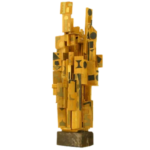 Outsider Art Wood Sculpture With Geometric Appliques