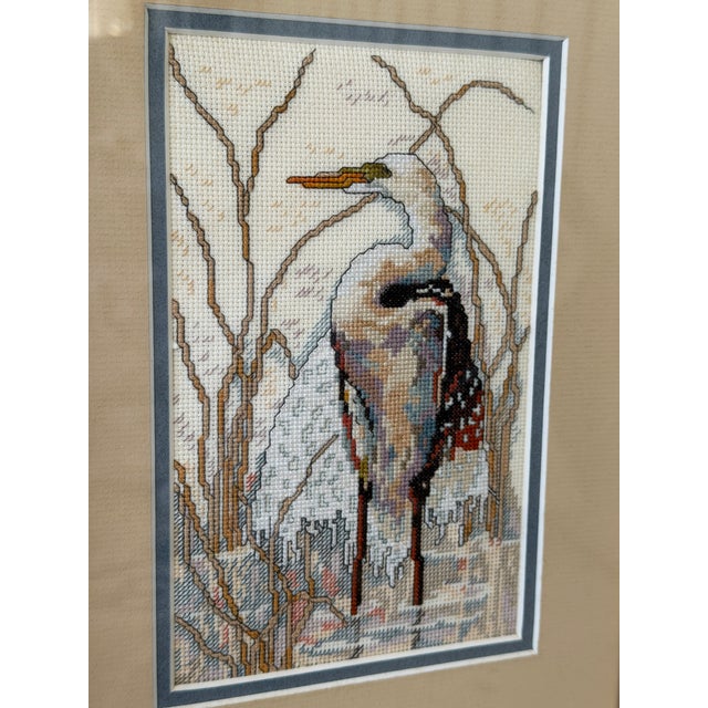1980s Vintage Coastal Egret Needlepoint Textile Art in Distressed Wood Frame For Sale - Image 5 of 11