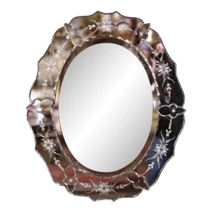 Midcentury Italian Venetian Oval Beveled Mirror With Painted Floral Etching