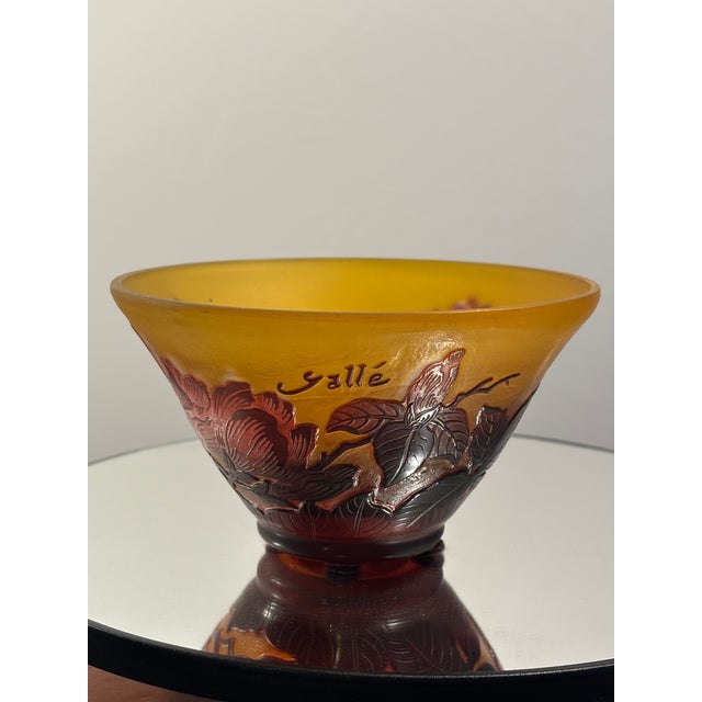 Wine Emile Gallé (France 1846-1904) Cameo Glass Magnolia Bowl, Acid-Etched and Wheel-Carved Amber and Burgundy Glass, Signed Galle C. 1900 For Sale - Image 8 of 11