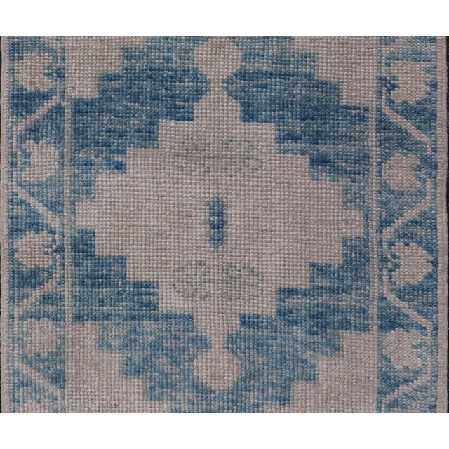 Modern Turkish Oushak Rug Blue and Beige Geometric Design 2'6 X 3'8 For Sale - Image 9 of 10
