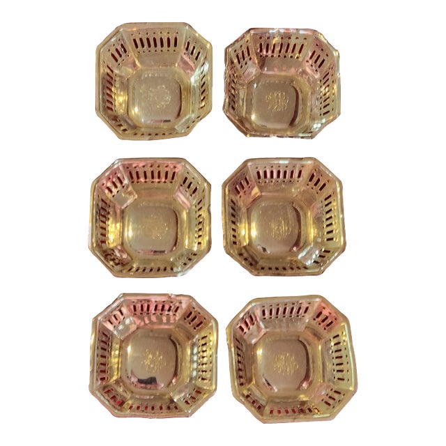 1930s Shreve, Crump & Low Co. Sterling Silver Pierced Nut Bowl Dishes, Monogrammed- Set of 6 For Sale