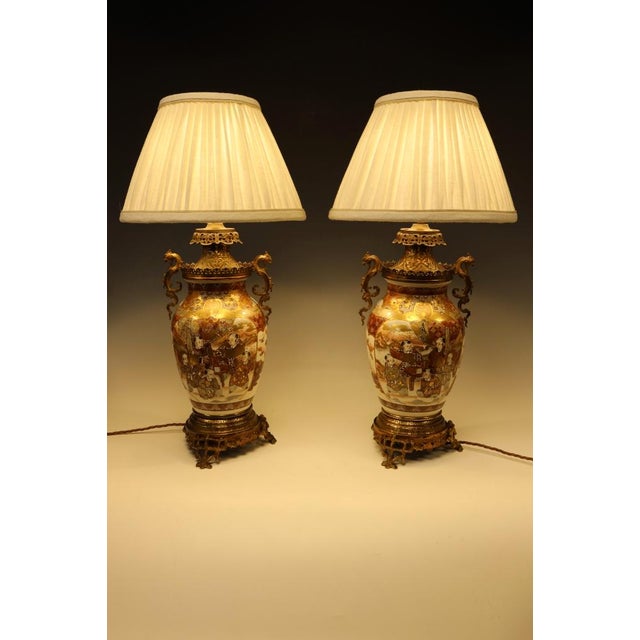 Large Japanese Satsuma Table Lamps in Gilt Bronze Ormolu Mounts, Meiji Period c.1880 by Unknown for Unknown, Set of 2 For Sale - Image 6 of 18