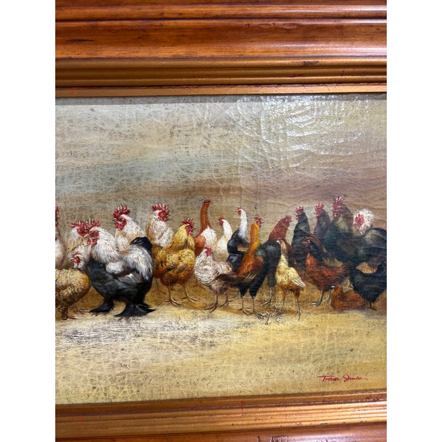 Textile Framed Oil on Canvas of Chickens "Bottom of Hen Party" by Trevor James, 20th Century For Sale - Image 7 of 10
