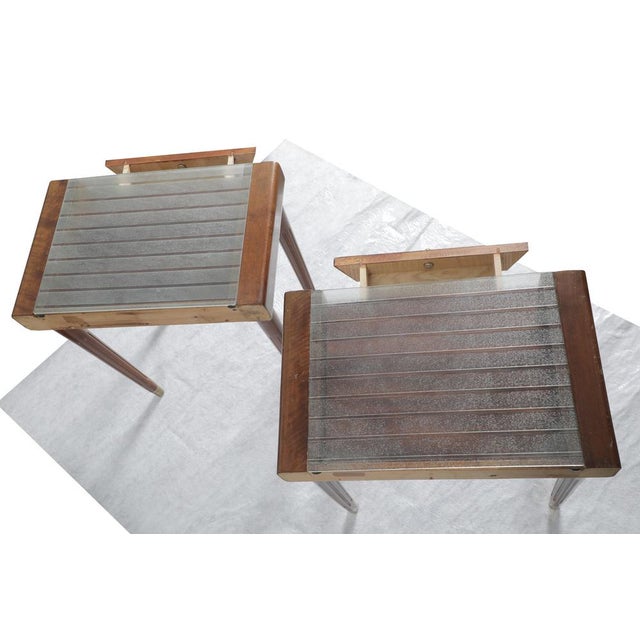 Slight wear, some scratches. Clean and nice drawers. Glass tops are slightly different from each other - please see pictures