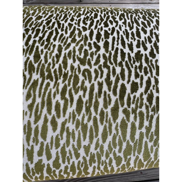19th century French bench. New green and cream animal print/ leopard upholstery. Gorgeous carved frame, warm wood patina.