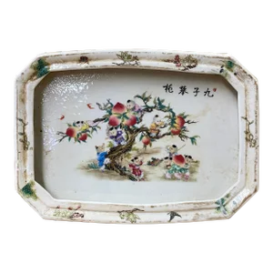 Chinese Off White Porcelain Peach Kids Rectangular Display Plate