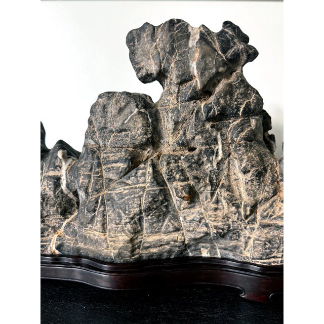 Gray 19th Century Large Chinese Horizontal Gray Lingbi Scholar Stone with Grotto on Display Stand For Sale - Image 8 of 12