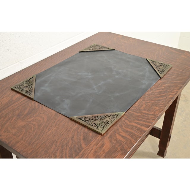 Art Deco Tiffany Studios New York Pine Needle Bronze Blotter Corners With Leather Desk Blotter For Sale - Image 3 of 10