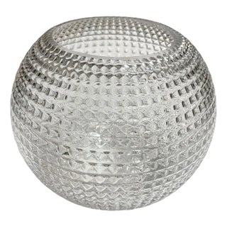 Mid Century Diamond Pattern Studded Spherical Glass Plant Vase For Sale