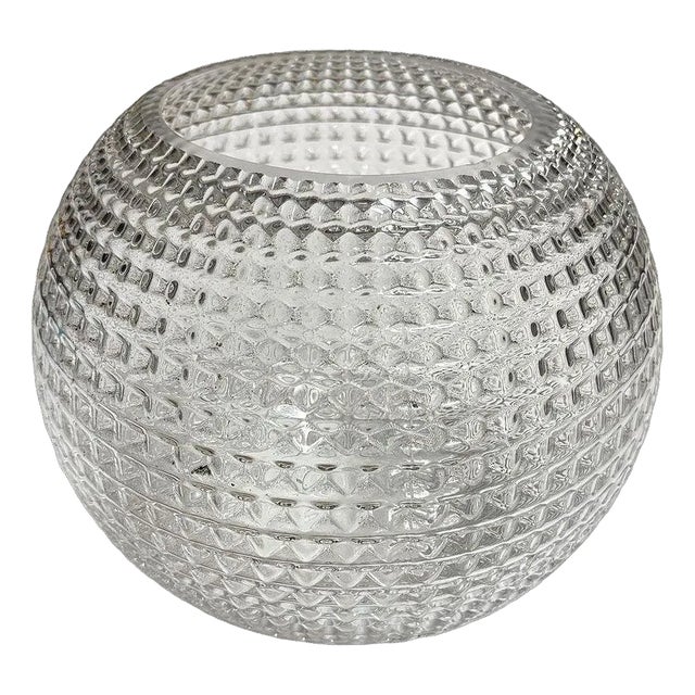 Mid Century Diamond Pattern Studded Spherical Glass Plant Vase For Sale