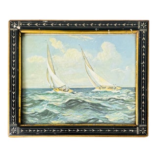 Carved Wood and Ivory Eastlake Frame and Vintage Nautical Sailboat Print For Sale
