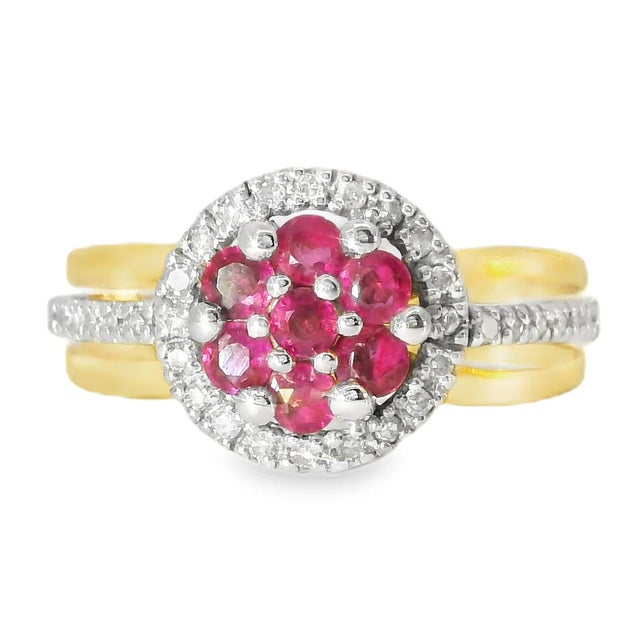 Elevate your jewelry collection with this exquisite 14K Yellow and White Gold Ruby and Diamond Floral Ring. Featuring a...