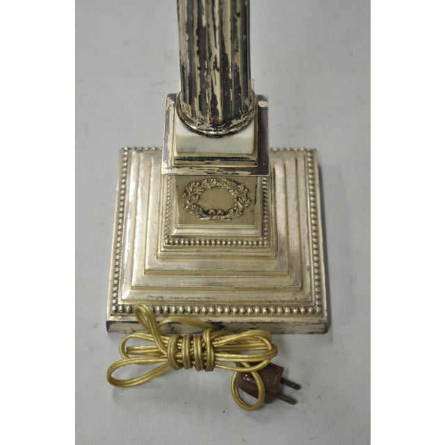 Antique French Empire Silver Plated Corinthian Column Candlestick Table Lamp For Sale - Image 10 of 13