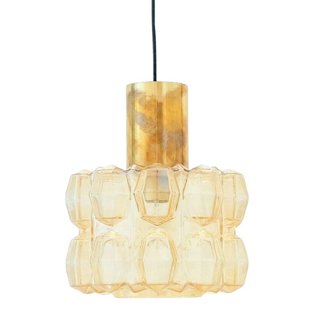 Mid Century Amber Diamond Glass & Brass Pendant Light by Helena Tynell for Limburg, Germany, 1960s For Sale