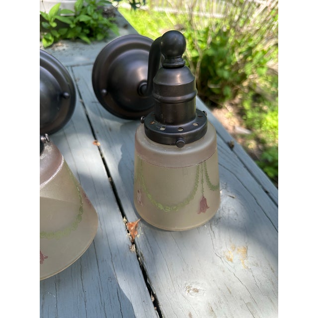 Antique Brass Sconces With Vintage Glass Shades - Set of Three For Sale In New York - Image 6 of 7