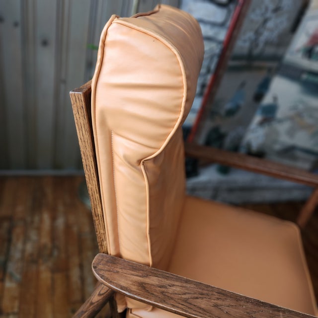 Wood 1960s MCM Tangerine Naugahyde & Walnut Wood Chair & Ottoman - Footstool, Orange Soft Upholstery & Walnut Finish - Tiny Flaws For Sale - Image 7 of 18