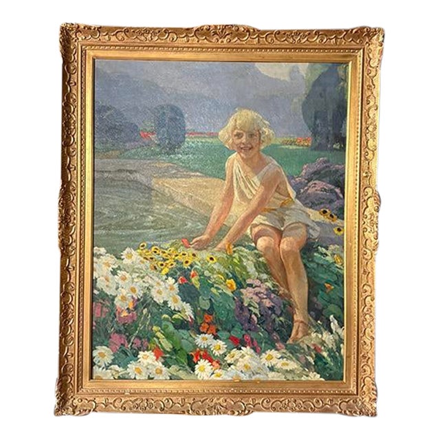 Mid 20th Century Smiling Girl in a Garden Oil Painting For Sale