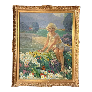 Mid 20th Century Smiling Girl in a Garden Oil Painting
